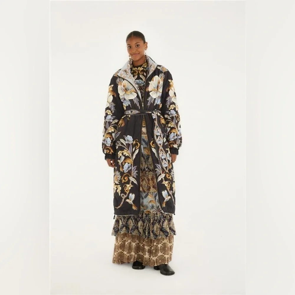 Farm Rio: Black Flowerful Snake Garden Reversible Maxi Puffer Jacket DT - Picture 5 of 14